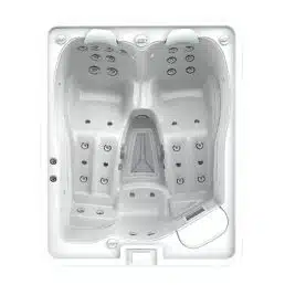 Une vue de dessus du Spa 2 places D164 montre un jacuzzi rectangulaire blanc avec deux zones d'assise et de nombreux jets circulaires bordant l'intérieur brillant, conçu pour accueillir confortablement deux personnes.