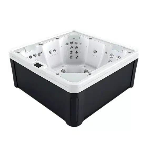 Le Spa 5 places D200, un spa carré, présente un intérieur blanc sophistiqué et un extérieur noir, avec de multiples jets d'eau latéraux et une capacité d'accueil de cinq personnes. Il offre une ambiance exclusive sans vue sur le ciel ni sur les environs.