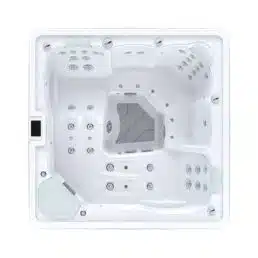 Le spa carré blanc Spa 5 places D200 offre plusieurs sièges, de nombreux jets et un espace central pour les pieds. Conçu pour 5 personnes, il met en valeur son design épuré lorsqu'il est vide et vu de dessus.