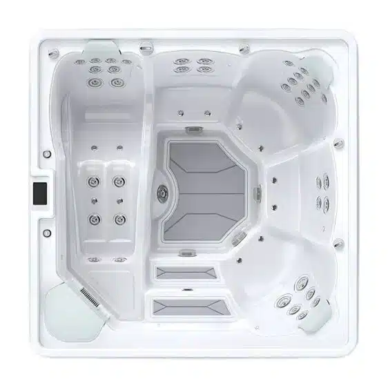 Le Spa 7 places D230 présente un design carré et blanc avec plusieurs sièges et de nombreux jets d'eau. L'intérieur est brillant et épuré, avec un panneau de commande électronique sur le pourtour. Il offre une détente ultime pour sept personnes.
