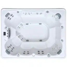 Vue de dessus du Spa 9 places D300, un grand spa rectangulaire blanc doté de multiples sièges moulés, de nombreux jets, d'un sol texturé et d'un panneau de contrôle sur un côté.