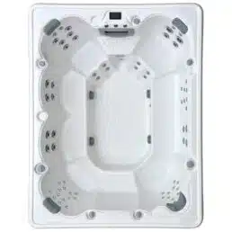 Vue de dessus d'un jacuzzi Spa 9 places D300 vide, équipé de plusieurs jets d'eau et de sièges. Ce spa de nage est rectangulaire avec des bords arrondis, un petit panneau de commande supérieur et une surface texturée pour une meilleure prise en main.