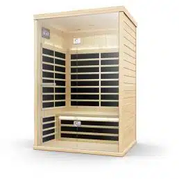 Un sauna infrarouge moderne en bois Tylö T-820 avec une porte vitrée. L'intérieur comprend des panneaux chauffants noirs à l'arrière et sur les côtés, un banc en bois le long d'un mur et des panneaux de commande numériques sur le mur intérieur supérieur avant. L'extérieur est en bois de couleur claire.