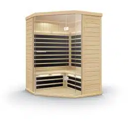 Cette image montre un sauna infrarouge en bois en forme de coin avec une porte et des panneaux en verre. L'intérieur comprend des bancs en bois et des panneaux chauffants noirs. Le design est moderne et compact, s’intégrant parfaitement dans un espace de coin.

Phrase corrigée : Cette image montre un Sauna Infrarouge Tylö T-870 avec une porte et des panneaux en verre. L'intérieur comprend des bancs en bois et des panneaux chauffants noirs. Le design est moderne et compact, s’intégrant parfaitement dans un espace de coin.