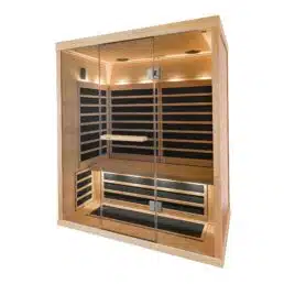 Ce sauna infrarouge en bois élégant Tylö T-825 est doté de portes vitrées et d'un design minimaliste, avec des panneaux chauffants noirs horizontaux avec des lattes en bois verticales et un éclairage de bord intégré, pouvant accueillir jusqu'à trois personnes.