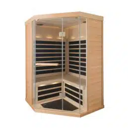 Le sauna infrarouge Tylö T-870 est un sauna infrarouge d'angle moderne doté d'un extérieur en bois, d'une porte vitrée et d'une banquette confortable. Son design élégant comprend des panneaux chauffants noirs sur les murs et il peut accueillir confortablement trois personnes tout en paraissant inoccupé et tout neuf.