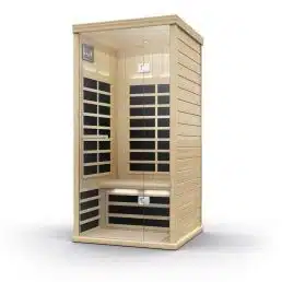 Un sauna infrarouge élégant et moderne avec un extérieur en bois et une porte vitrée. À l’intérieur, il comporte des panneaux chauffants noirs sur les côtés et à l’arrière, ainsi qu’un banc en bois pour s’asseoir. Le design minimaliste du Sauna Infrarouge Tylö T-810 offre un moyen compact et efficace de profiter des bienfaits du sauna.