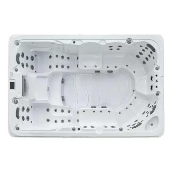 Vue de dessus du Spa 10 places D354, un grand jacuzzi rectangulaire blanc pouvant accueillir 10 personnes et doté de jets d'hydrothérapie intégrés pour la détente.