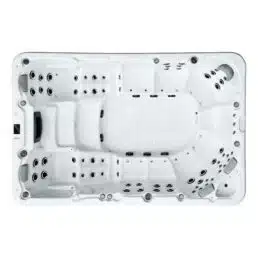 Vue de dessus du Spa 10 places D354, un spacieux jacuzzi rectangulaire blanc avec 10 places assises, appuis-têtes et multiples jets d'eau conçus pour l'hydrothérapie.
