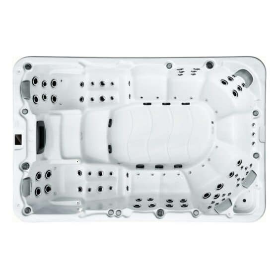 Vue de dessus du Spa 10 places D354, un spacieux jacuzzi rectangulaire blanc avec 10 places assises, appuis-têtes et multiples jets d'eau conçus pour l'hydrothérapie.
