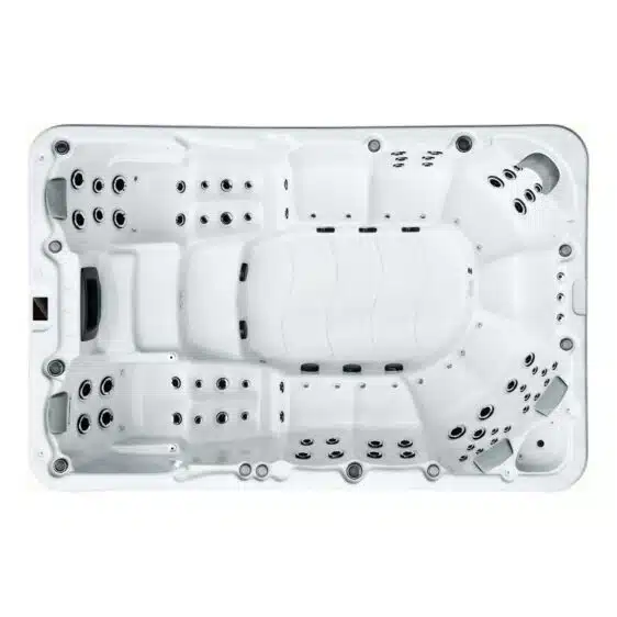 Vue de dessus du Spa 10 places D354, un spacieux jacuzzi rectangulaire blanc avec 10 places assises, appuis-têtes et multiples jets d'eau conçus pour l'hydrothérapie.