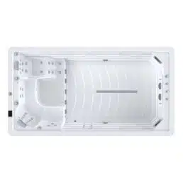 Vue de dessus du Spa de nage D440, un spa de nage rectangulaire blanc avec sièges intégrés, plusieurs jets et une zone de nage plate soulignée par des marquages de couloirs.