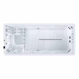 Vue de dessus du Spa de nage D550 : ce spa de nage rectangulaire blanc est doté de sièges moulés et de jets d'eau à une extrémité, ainsi que d'une zone de nage spacieuse avec une ligne de jets de l'autre côté.