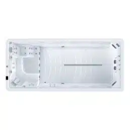 Vue de dessus du Spa de nage D550 : ce spa de nage rectangulaire blanc est doté de sièges moulés et de jets d'eau à une extrémité, ainsi que d'une zone de nage spacieuse avec une ligne de jets de l'autre côté.