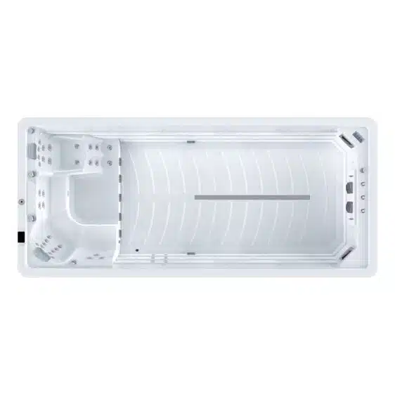 Vue de dessus du Spa de nage D550 : ce spa de nage rectangulaire blanc est doté de sièges moulés et de jets d'eau à une extrémité, ainsi que d'une zone de nage spacieuse avec une ligne de jets de l'autre côté.
