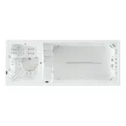 Vue de dessus du Spa de nage D590, un spa de nage rectangulaire blanc avec une section bain à remous comportant plusieurs sièges et jets à gauche, ainsi qu'une zone de baignade spacieuse à droite avec des marches intégrées et des marquages au sol.