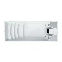 Vue de dessus du Spa de nage D600P : un spa de nage rectangulaire blanc avec des marches intégrées à une extrémité, deux zones d'assise avec appuis-tête à l'extrémité opposée et des panneaux de commande sur les côtés.