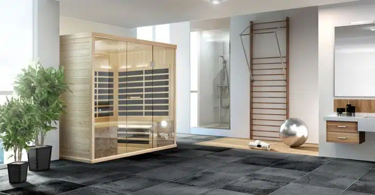 Une salle de bien-être moderne comprenant un sauna en bois, une cabine de douche en verre, une échelle murale en bois, un grand ballon d'exercice argenté et un meuble sous-vasque avec miroir. Des plantes en pot sont placées à proximité du sauna, contribuant à une atmosphère sereine.