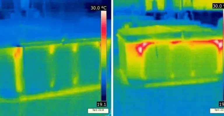 Image thermique divisée en deux sections montrant les variations de température. La section de gauche affiche différentes couleurs indiquant les zones plus froides, tandis que la section de droite montre les zones plus chaudes avec des teintes jaune-rouge plus prononcées. L'échelle de température sur le côté droit va jusqu'à 30,0°C.