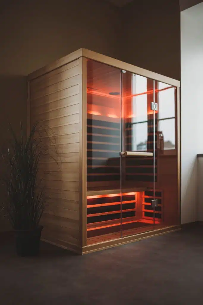Un sauna infrarouge moderne avec des panneaux en bois et des portes en verre brille d'une lumière rouge. Il est situé dans une pièce minimaliste avec un sol sombre, des murs beiges et une plante en pot à proximité. Le sauna semble confortable et invitant à une séance de détente.