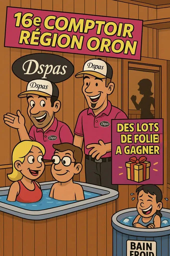 Dessin humoristique représentant trois employés souriants en chemise rose et bonnet « Dspas » à côté de deux personnes profitant d'un rituel hammam, avec un enfant dans un bain froid. Texte : « 16e Comptoir Région Oron », « Des tas de folie à gagner ».