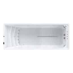 Vue de dessus du Spa de nage D600N, un grand spa de nage blanc rectangulaire et vide doté de parois intérieures lisses et de panneaux de commande à une extrémité.
