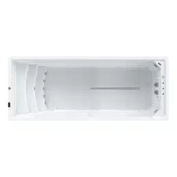 Vue de dessus du Spa de nage D600N, un grand spa de nage blanc rectangulaire et vide doté de parois intérieures lisses et de panneaux de commande à une extrémité.